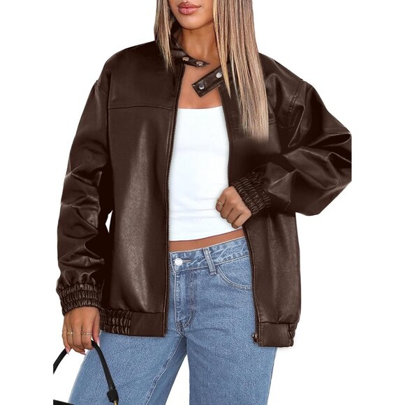 Women's Faux Leather Jacket Oversized B Black Bomber Coat Fall Winter Outfits - Picture 2 of 4